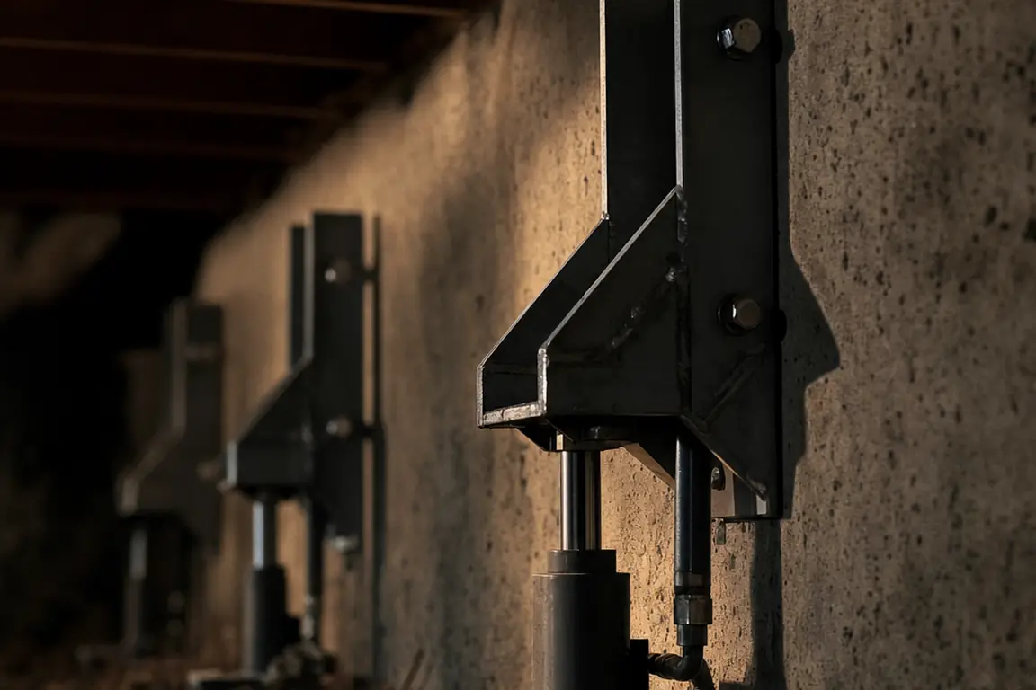 Steel pier brackets along a foundation wall