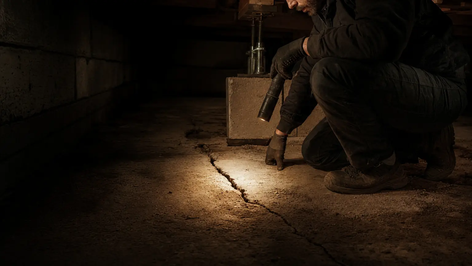 Foundation specialist inspecting a concrete slab crack at night